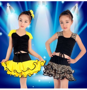 Black yellow leopard fuchsia hot pink patchwork sleeveless girls kids children toddlers performance competition latin dance dresses sets outfits